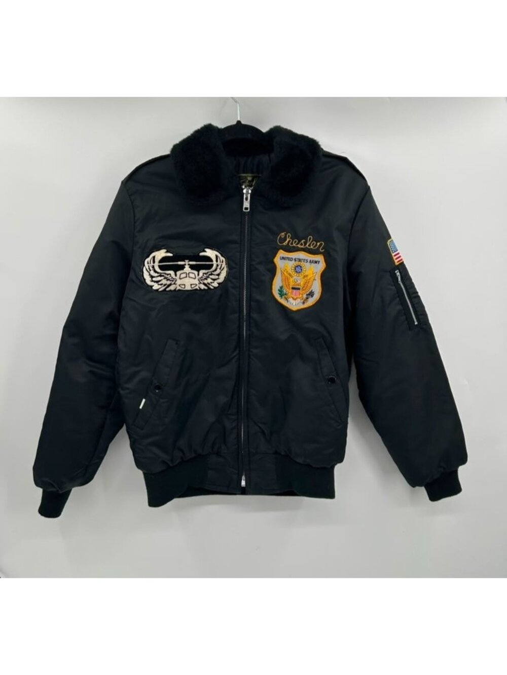 Vintage Timber King US Army Infantry Chain Stitched Bomber Jacket Men's S Black